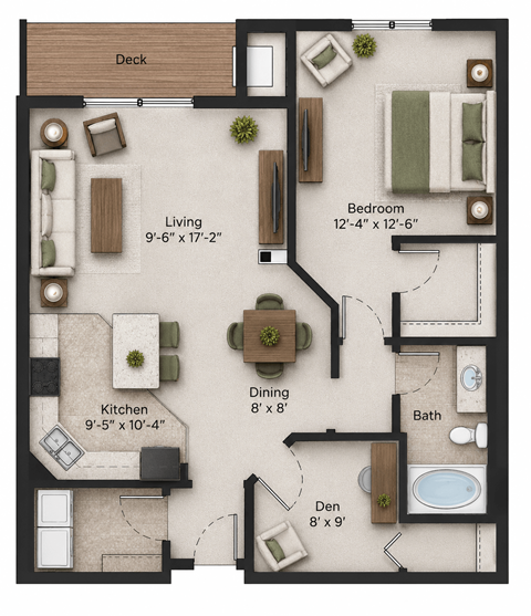 Floor plan for 1 bed, 1 bath, 969 sqft